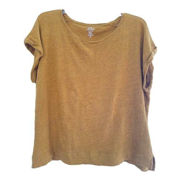 J Crew 100% Linen Tee Women's XL T Shirt Mustard Olive Green L4596 Roll Sleeves - Picture 1 of 8